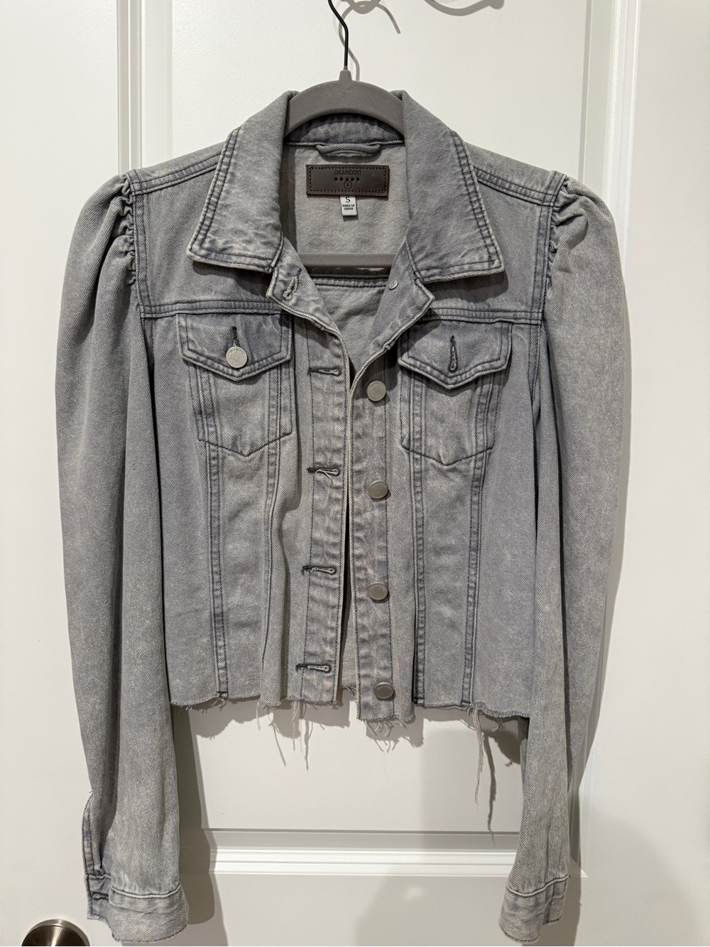 Blank NYC Grey Puff Sleeve Cropped Denim Jacket